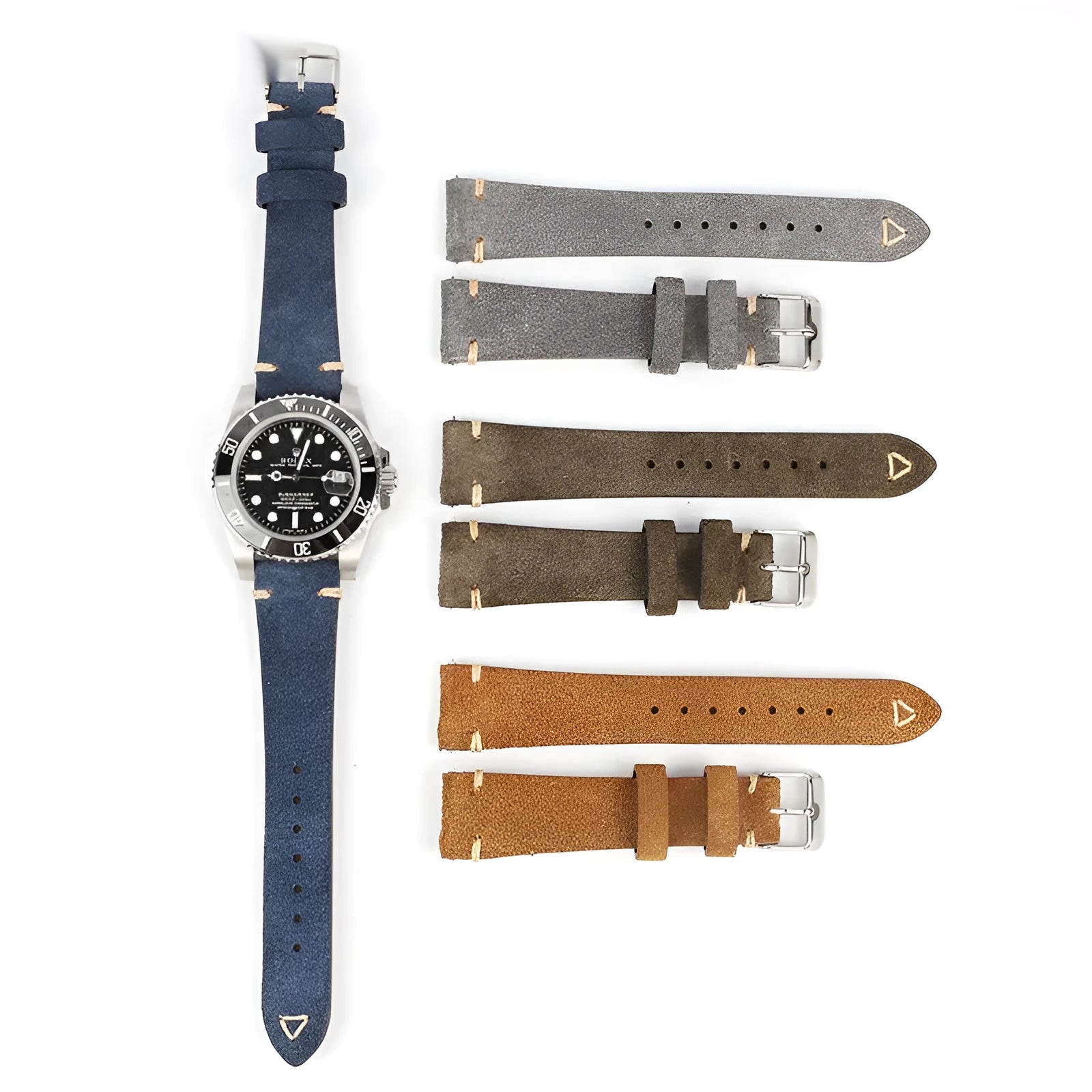 Suede genuine leather watch strap shown in brown, blue, grey, and Army Green colours for 20mm and 22mm watches.