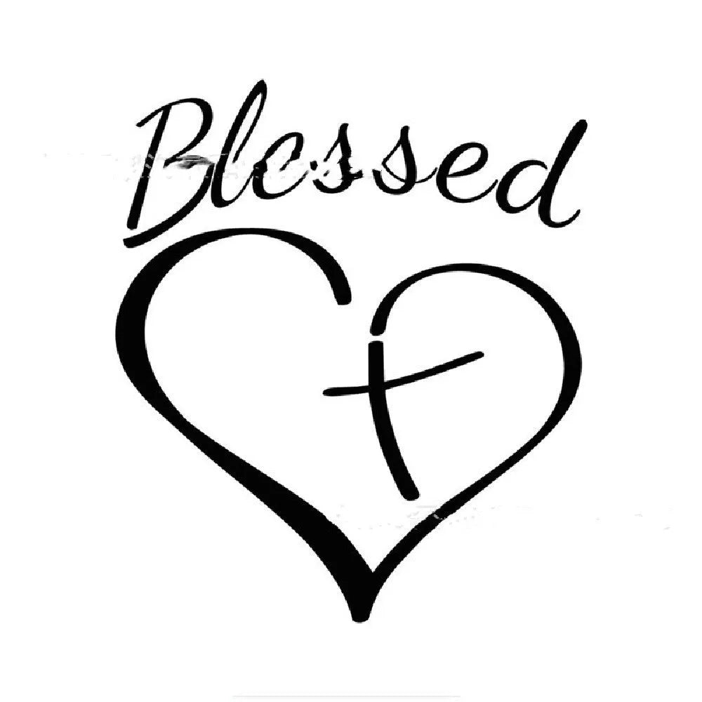 Faith Hope Love words inside a heart shape on a black, white, or red vinyl sticker measuring 14 by 11.5 cm.