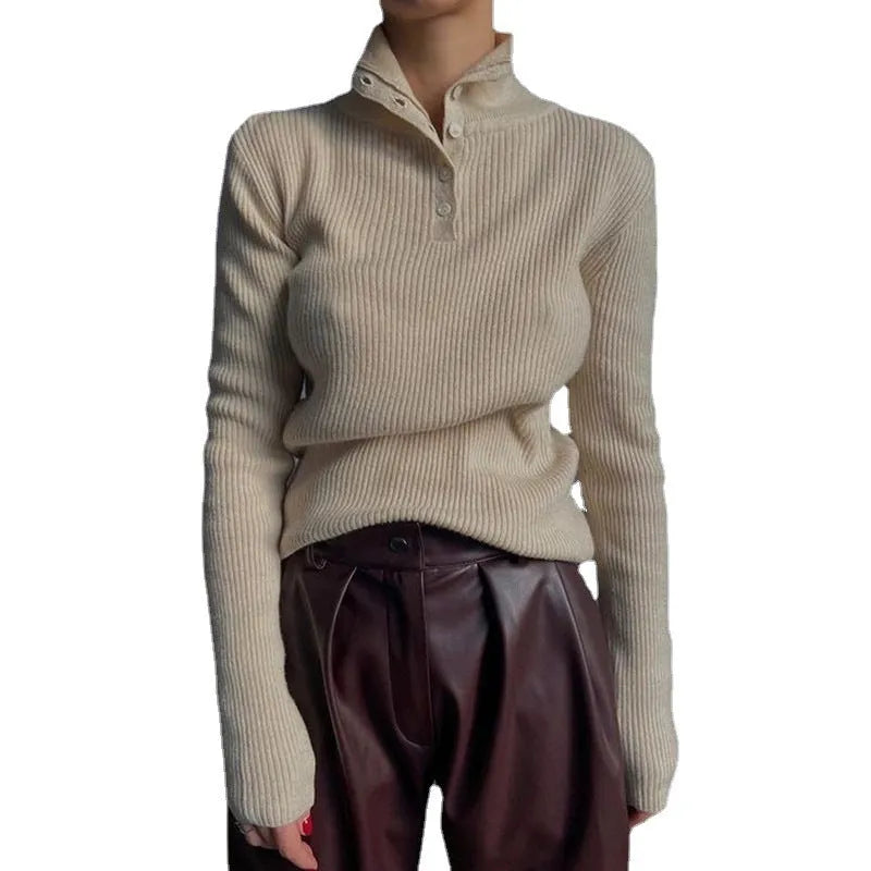 Women's silver grey retro half turtleneck pullover sweater with a single-breasted placket in a slim fit.