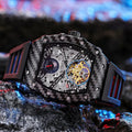 Mechanical men's waterproof watch with luminous hands on rubber strap showing see-through case back