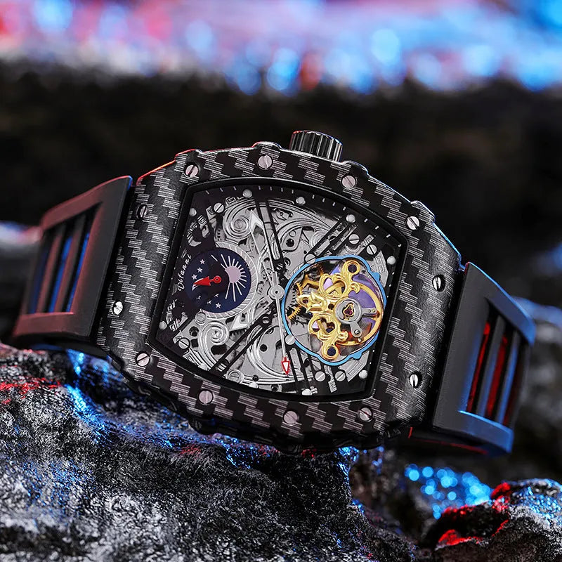 Mechanical men's waterproof watch with luminous hands on rubber strap showing see-through case back
