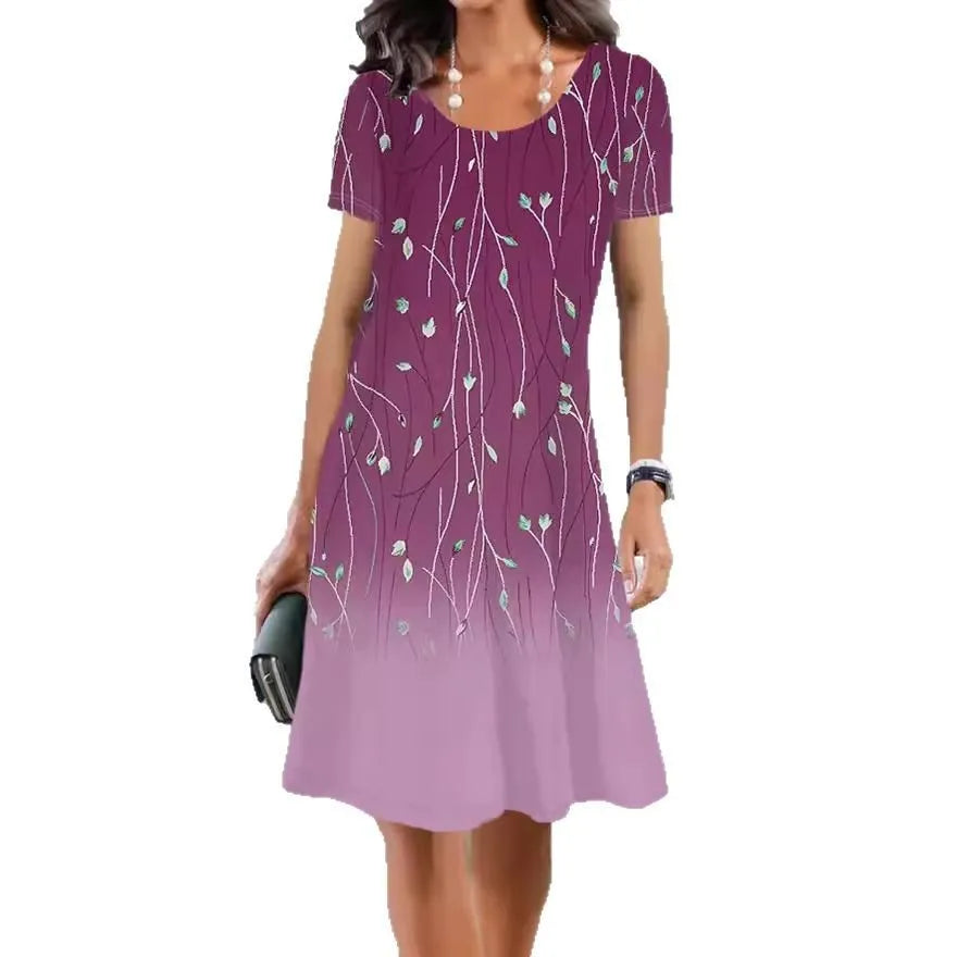 Women's ice silk floral print A-line summer dress with short sleeves and round neck.