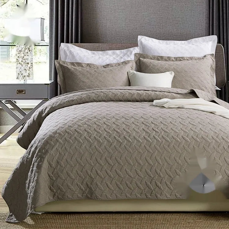Pure cotton bed cover three-piece set in solid colours with embroidery detail for standard double beds