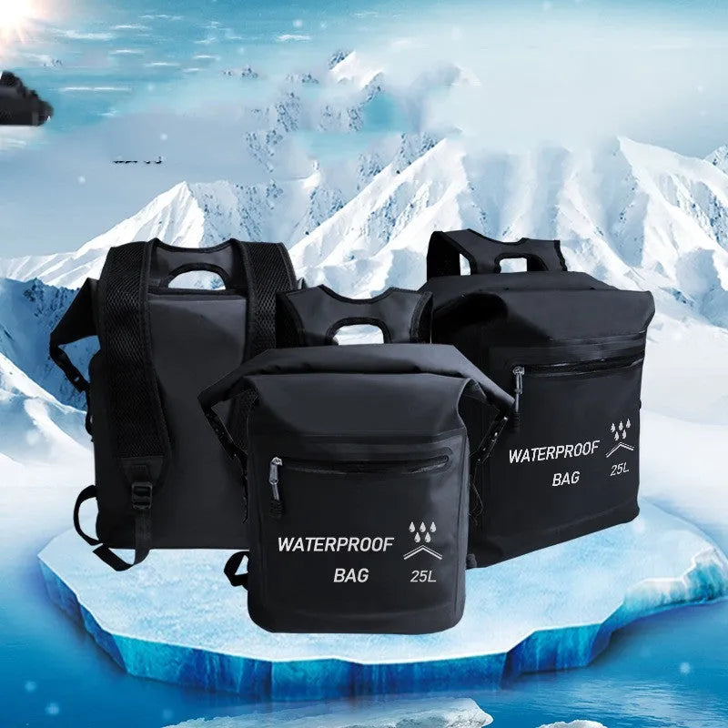 Black 25-litre waterproof backpack for outdoor swimming, river tracing and rafting activities.