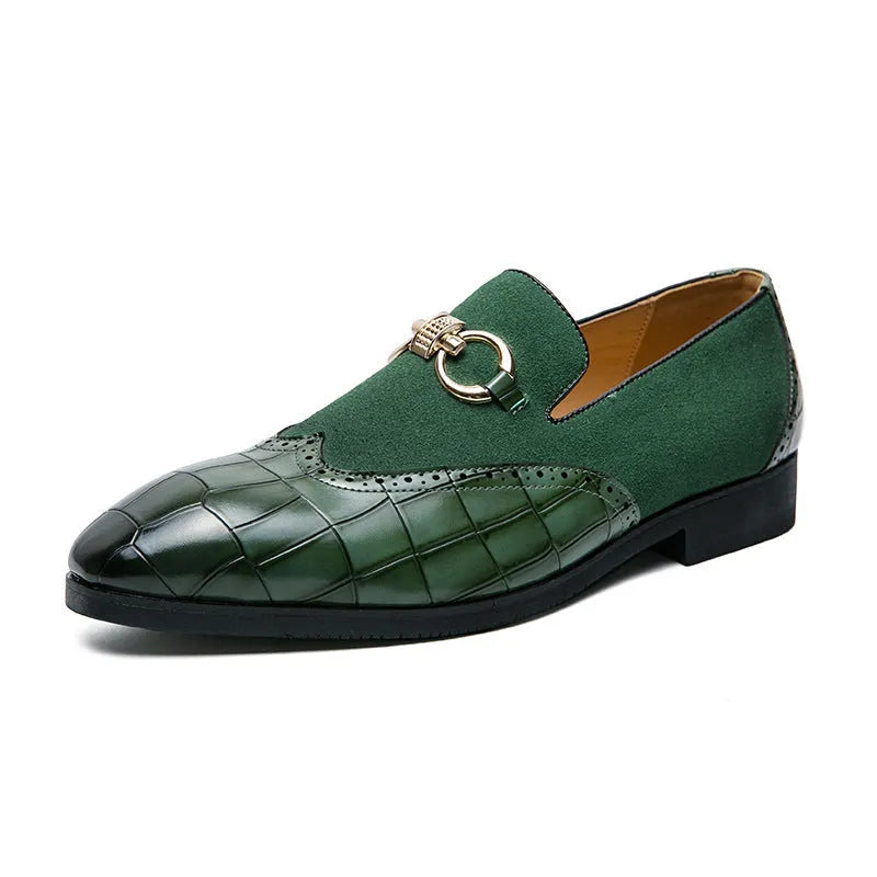 Korean style men's pointed toe leather shoes in black and green colours with rubber soles