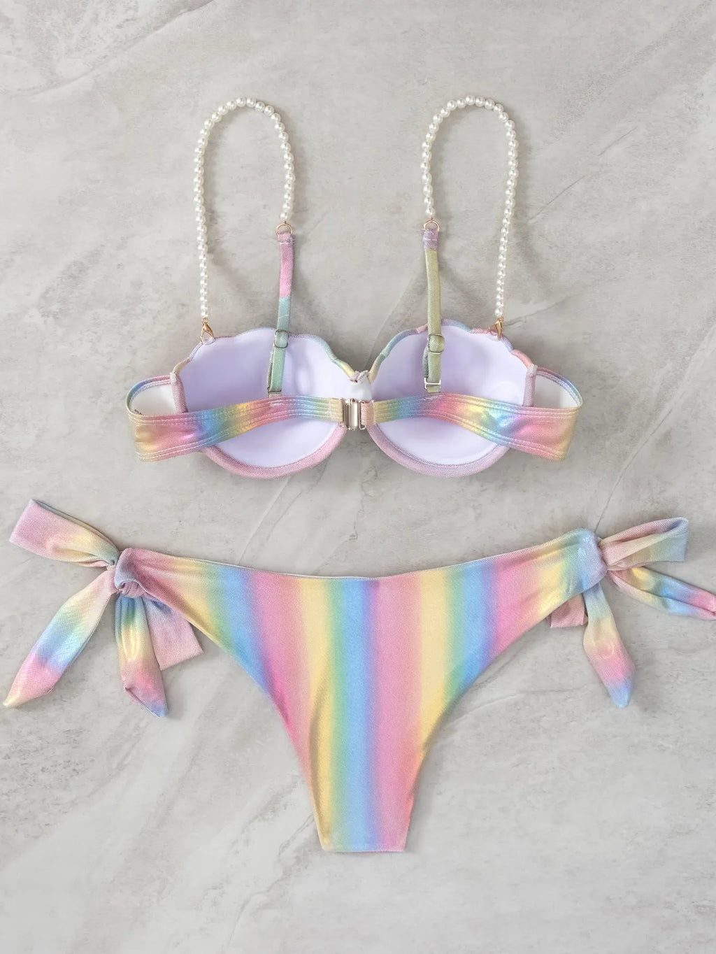 Women's Shell Rainbow Bikini Swimsuit with adjustable ties and colourful pattern