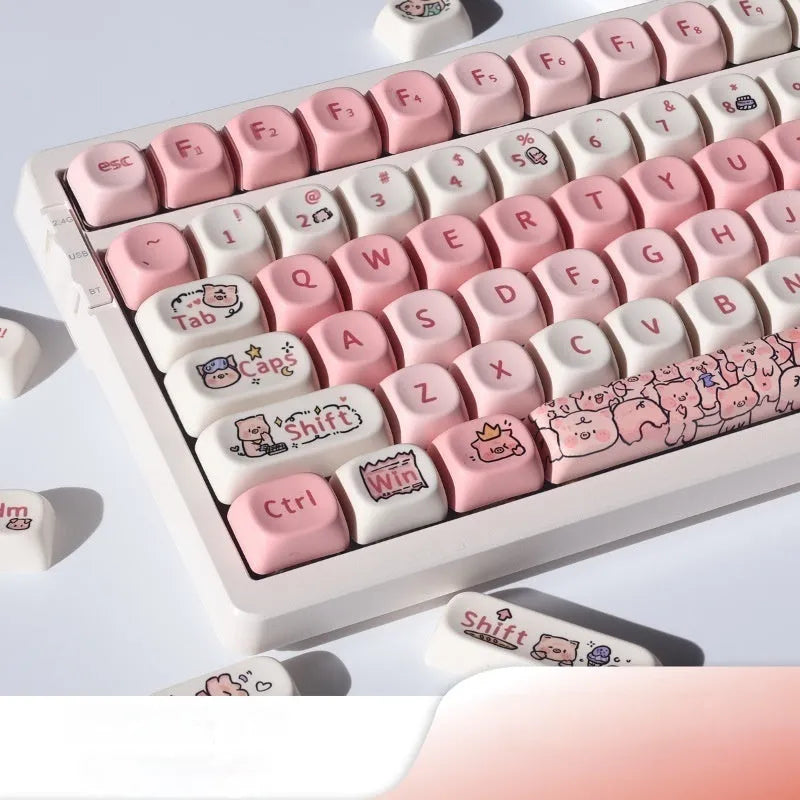 Pink PBT mechanical keyboard key cap with colourful fragrant pig character design on top and sides.