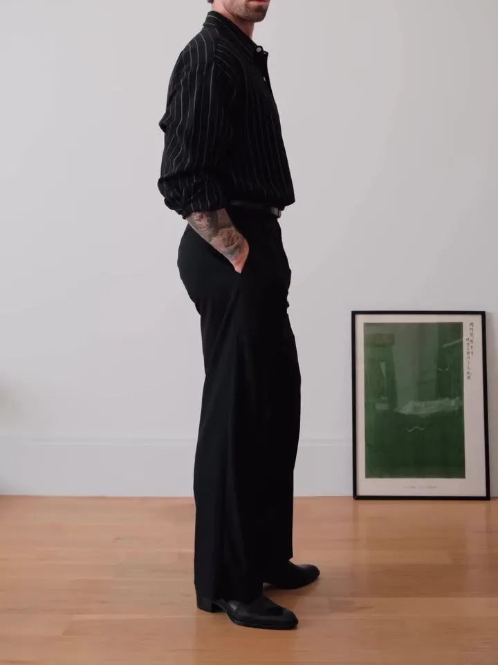 Black and white pinstriped men's long sleeve button-down shirt with a regular fit.