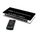 Black HDMI audio switch with remote control, 4 input ports and 1 output port for 4K video switching.