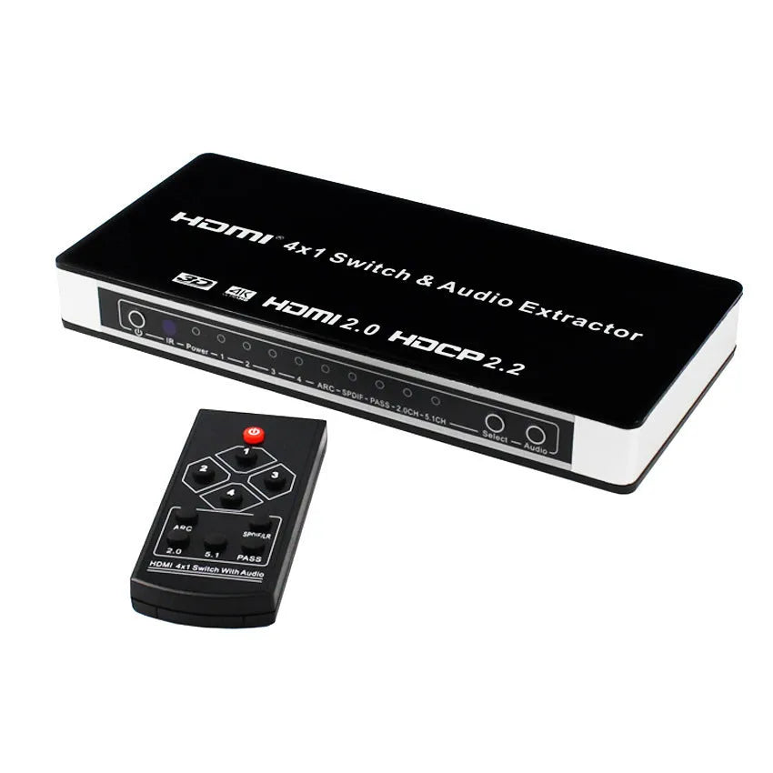 Black HDMI audio switch with remote control, 4 input ports and 1 output port for 4K video switching.