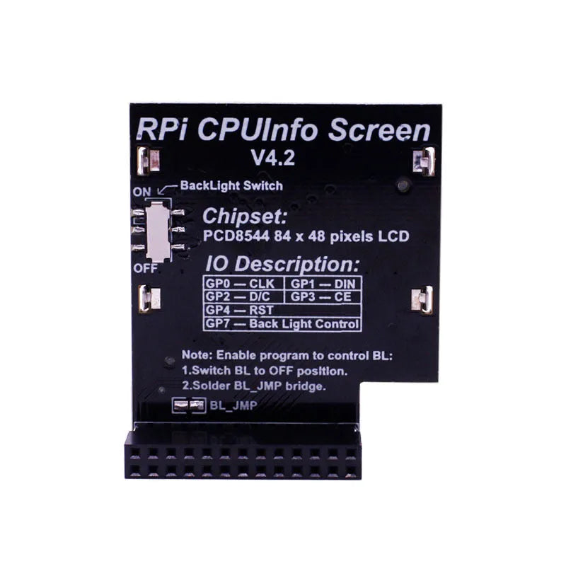 Raspberry Pi 1.6 inch LCD display with backlight switch showing CPU information