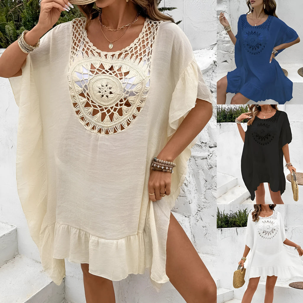 Crochet stitching tassel dress swimsuit with patchwork skirt in European street hipster style