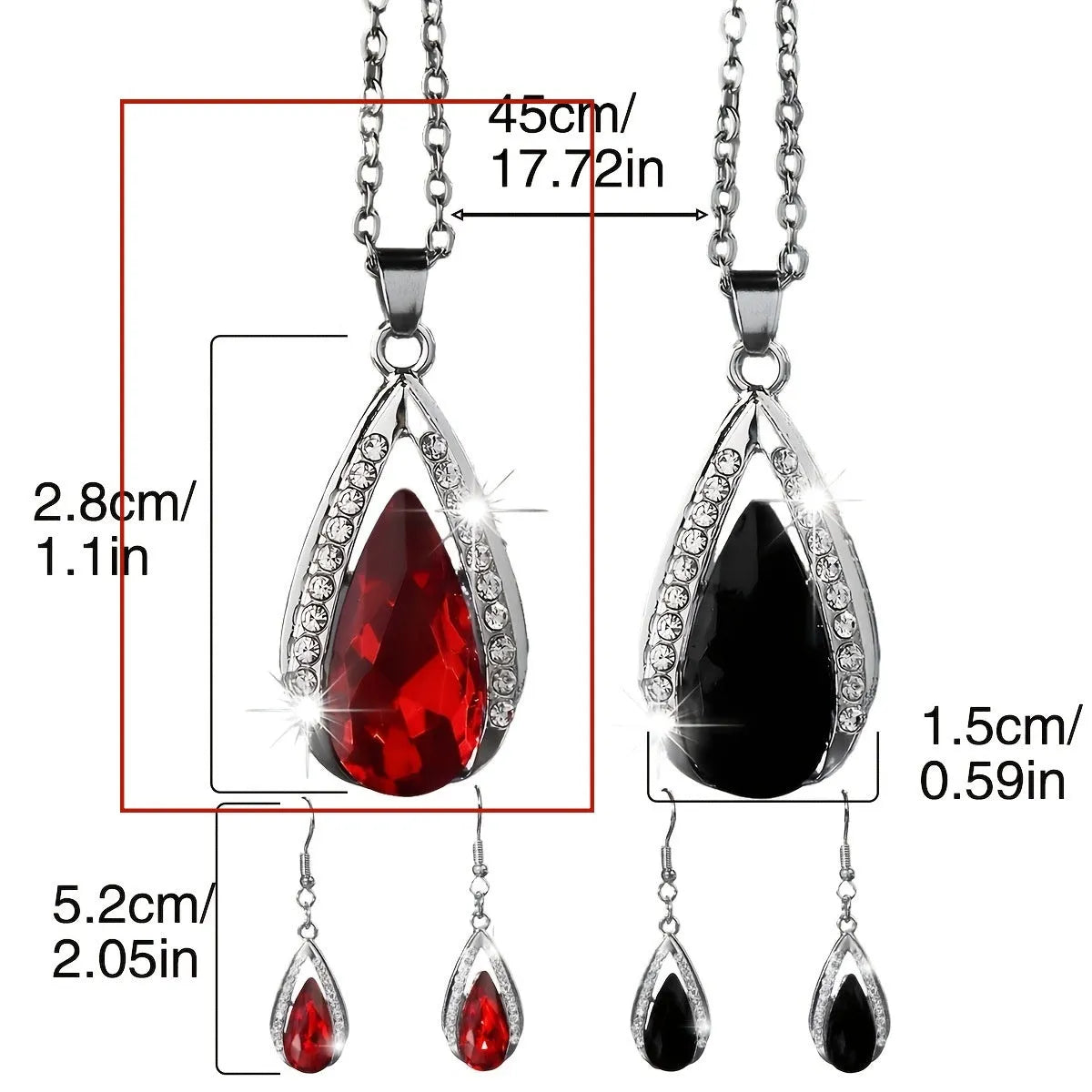 Black and red teardrop glass pendant necklace and matching earrings set