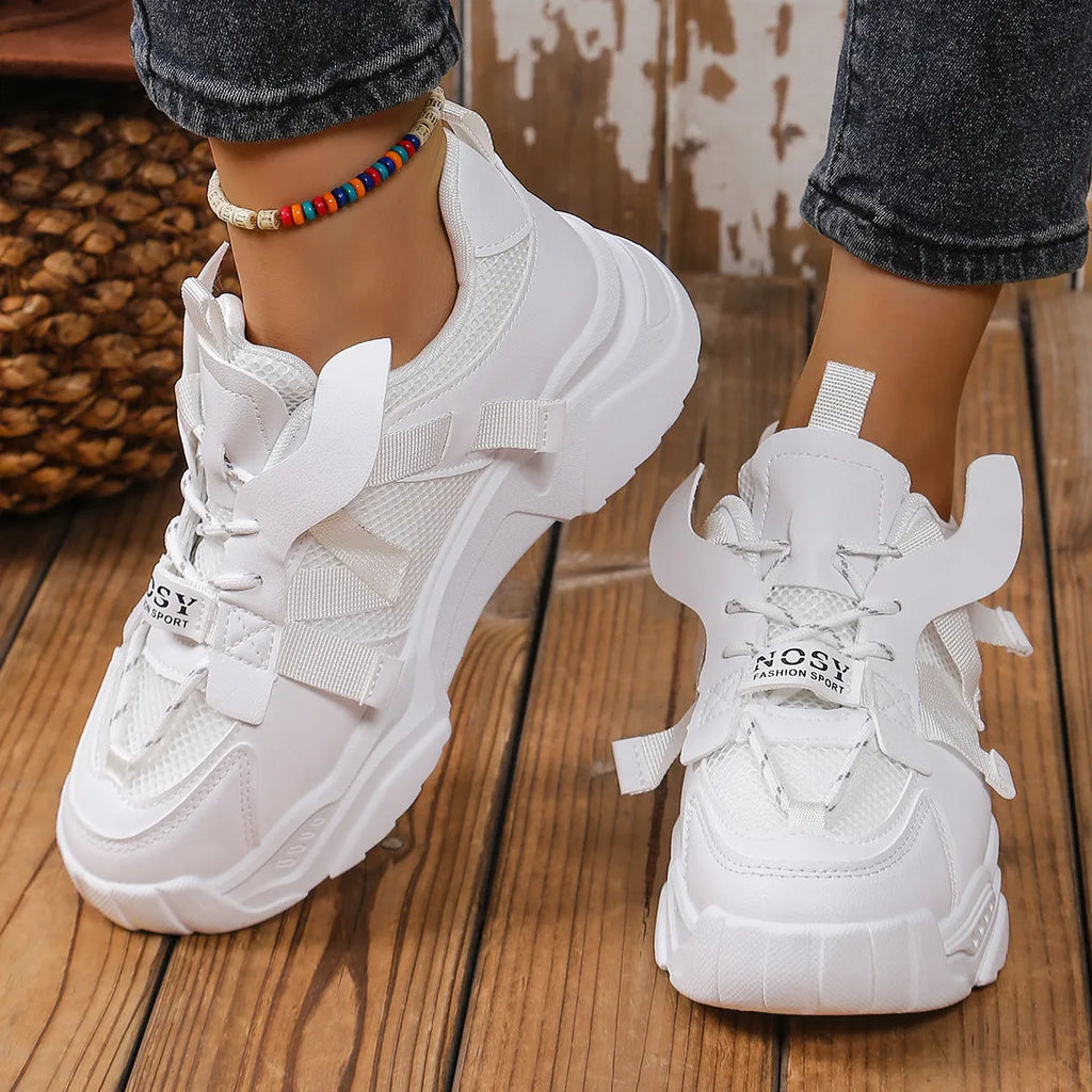 Women's platform mesh dad shoes in multiple colours with animal pattern design and front lace-up fastening