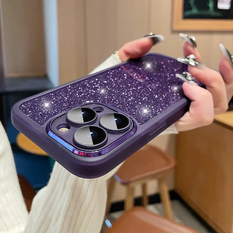 Ultra-thin transparent glitter iPhone case showing gradient colour and electroplating laser effects