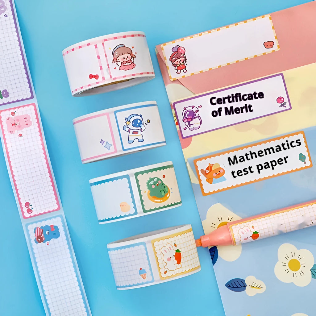 Roll of cartoon tape name labels showing dinosaur, astronaut, rabbit, and girl design options