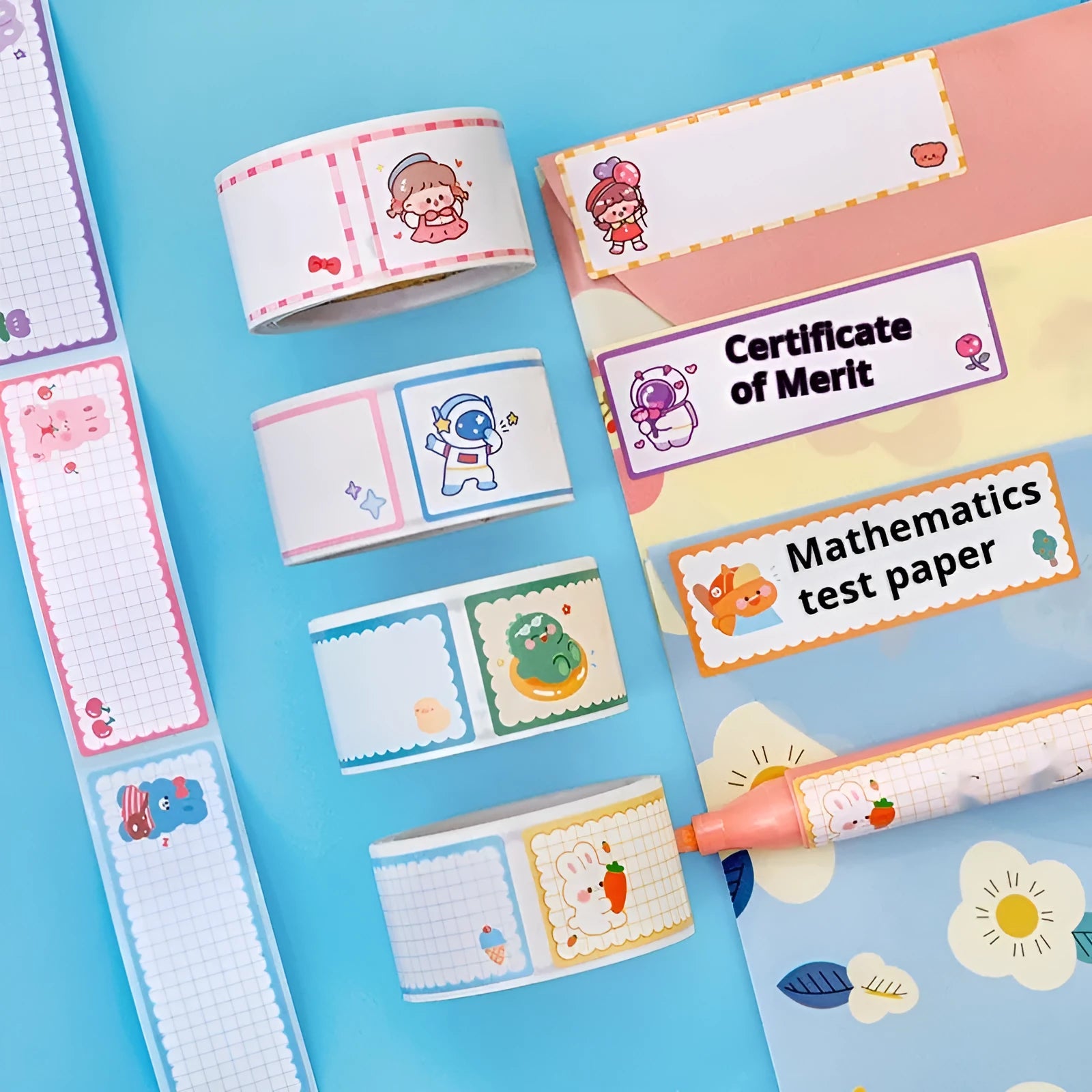 Roll of cartoon tape name labels showing dinosaur, astronaut, rabbit, and girl design options