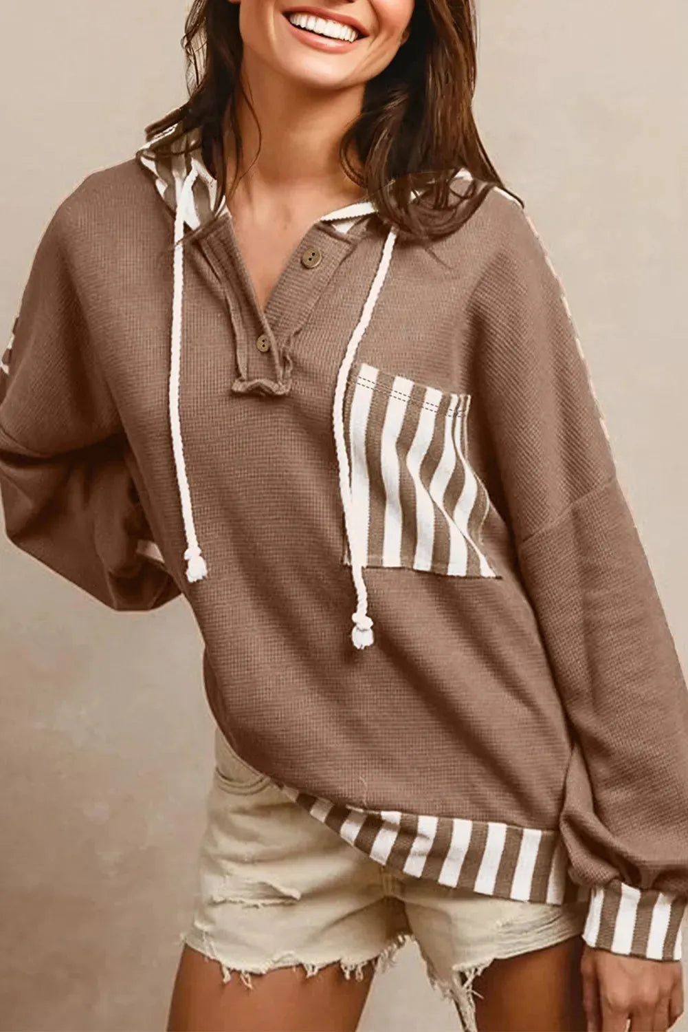 Straw yellow waffle texture striped patchwork button neck drawstring hoodie