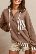 Straw yellow waffle texture striped patchwork button neck drawstring hoodie