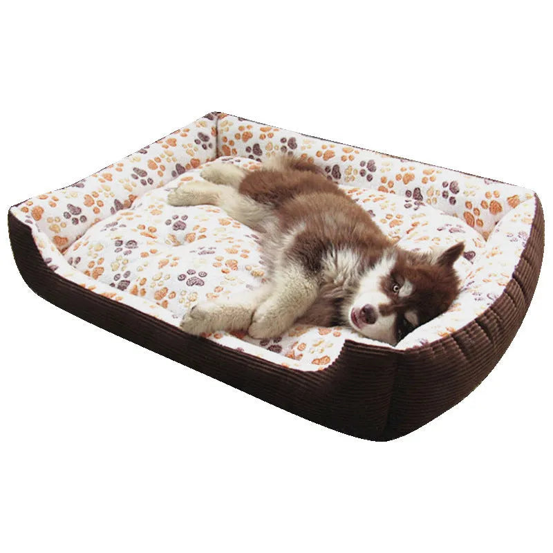 Beige plush dog bed with raised sides shown on a wooden floor.