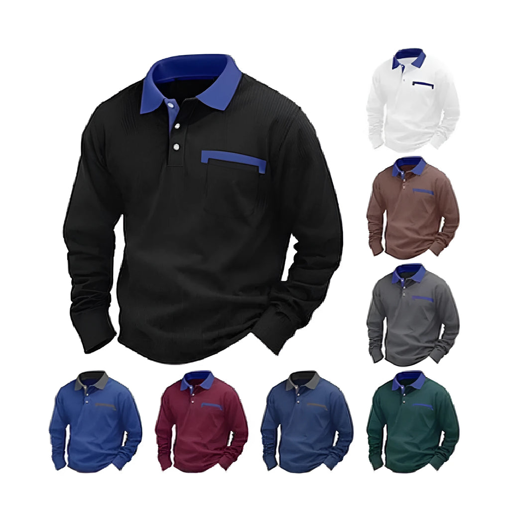 Man wearing a long-sleeved waffle knit polo shirt in a loose, retro style.