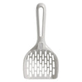 Grey plastic cat litter scoop resting on its matching comb-style base holder.