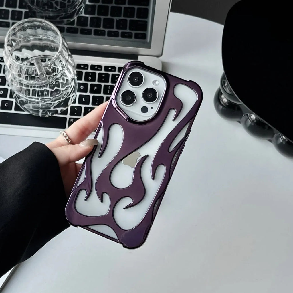 Electroplated iPhone case with hollow flame pattern design in gold, black, purple, and silver finishes