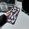 Electroplated iPhone case with hollow flame pattern design in gold, black, purple, and silver finishes