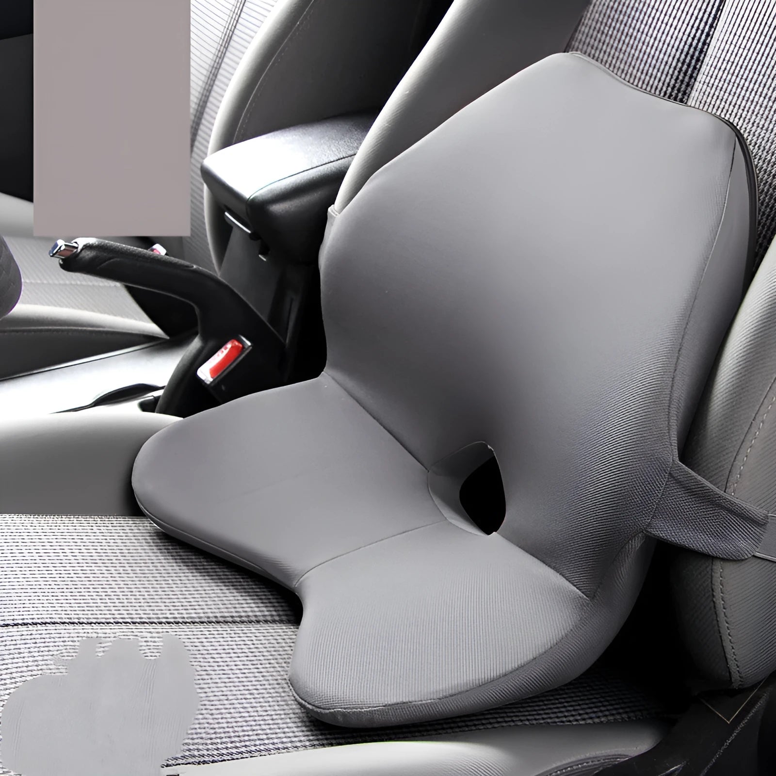 Memory foam car waist support cushion in beige colour, shown alongside optional matching headrest.