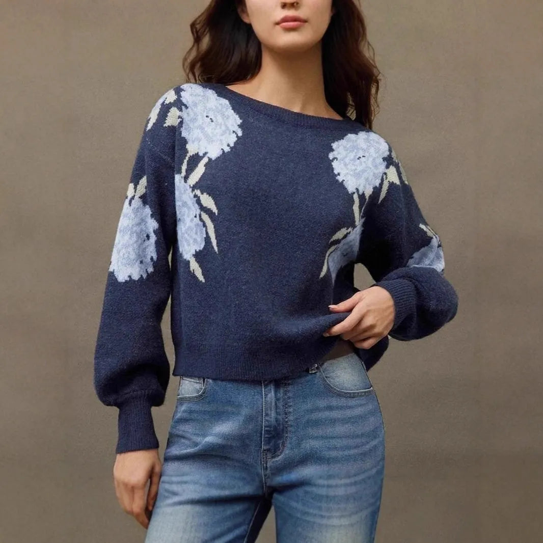 Sapphire Blue women's floral jacquard pullover with loose casual streetwear style