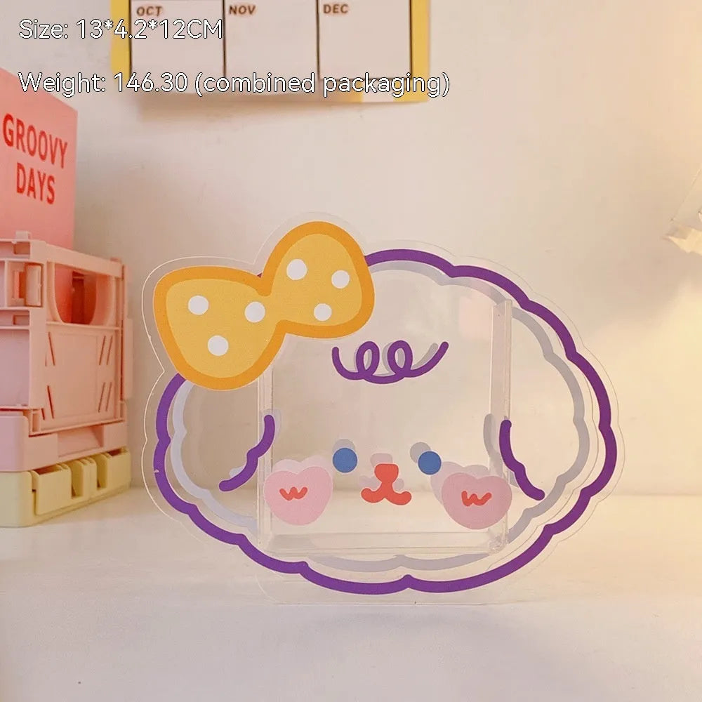 Clear square acrylic storage box with cute cartoon design options including strawberry rabbit and poached egg