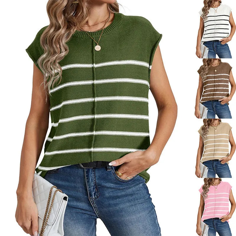 Women's striped sleeveless pullover casual top with bone stitching detail on a hanger