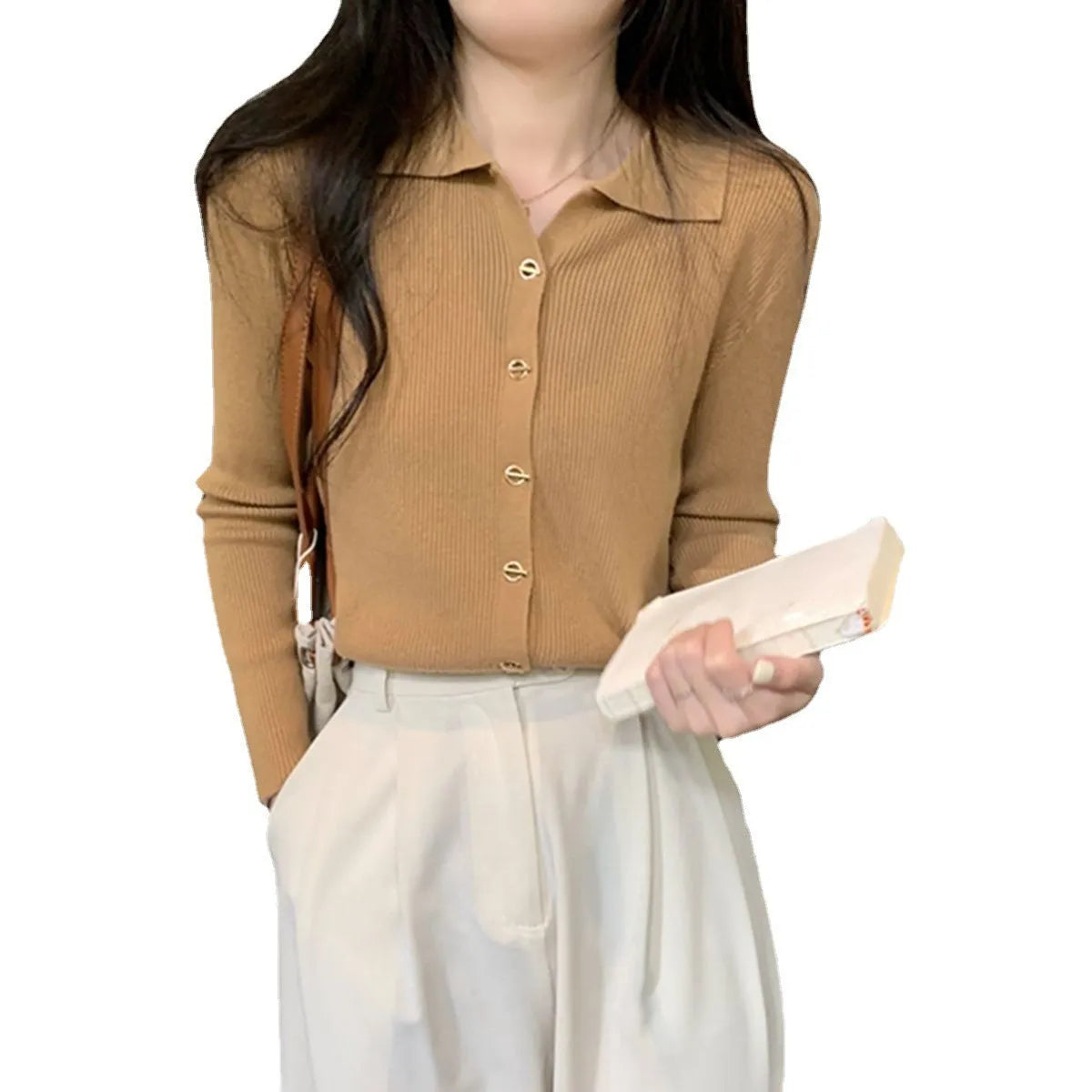 Loose long sleeve viscose knitted cardigan top in beige, black, green, khaki, or oatmeal colour.
