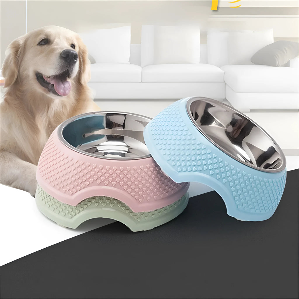 Stainless steel pet bowl with coloured non-slip base for cats and dogs