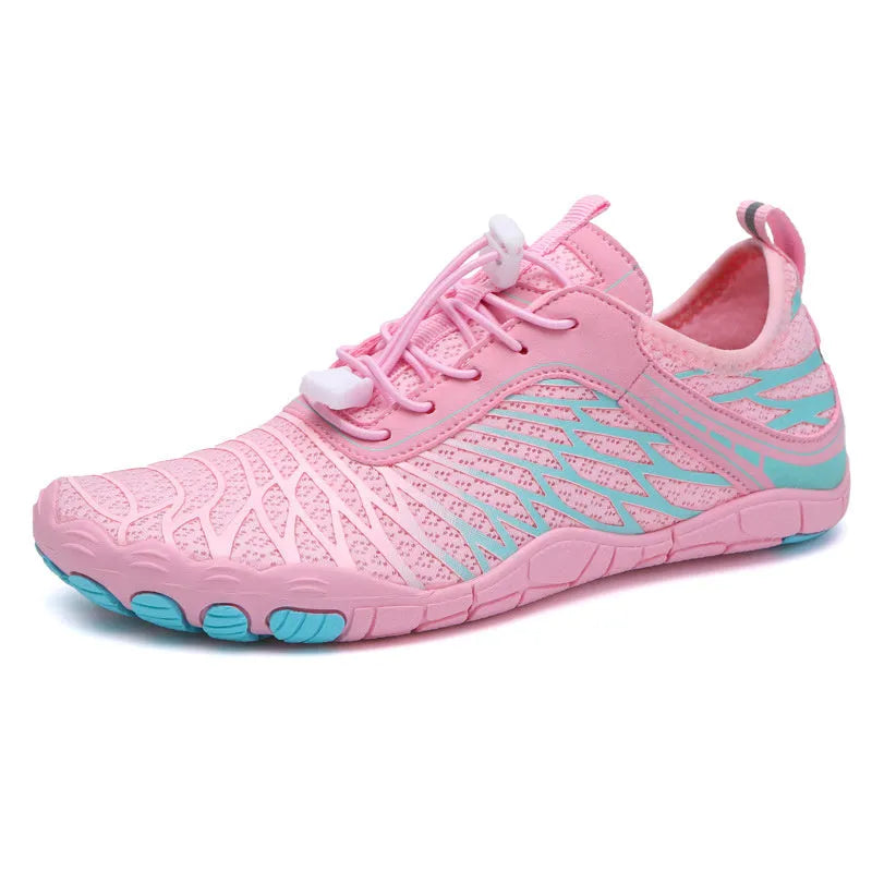 Men's white upstream sports shoes with lace-up front, breathable gauze lining, and non-slip rubber soles
