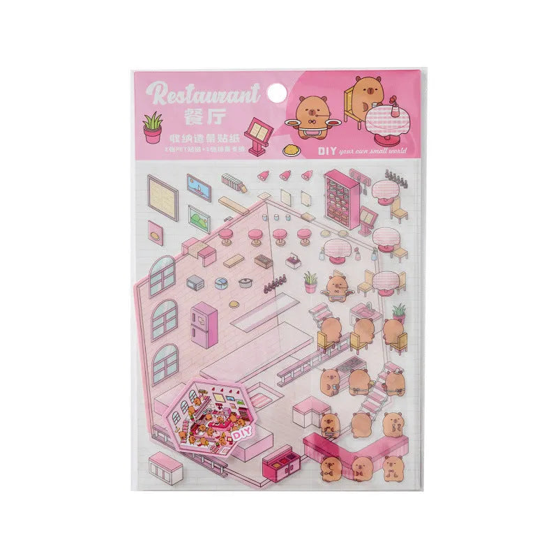 Capabala cut-free PET cartoon stickers showing eight different scene designs including a pink restaurant and a blue fruit shop