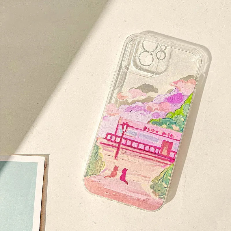 Soft silicone iPhone case with colourful two cats cartoon design on PC material rear cover