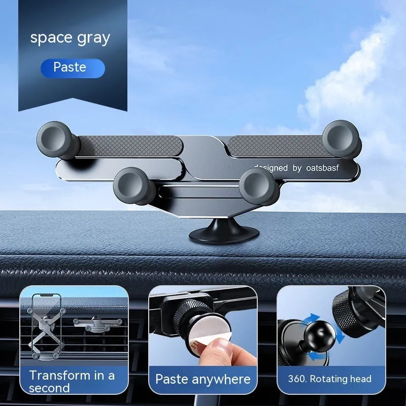 Silver invisible alloy car phone holder mounted on vehicle air outlet with mobile phone in position