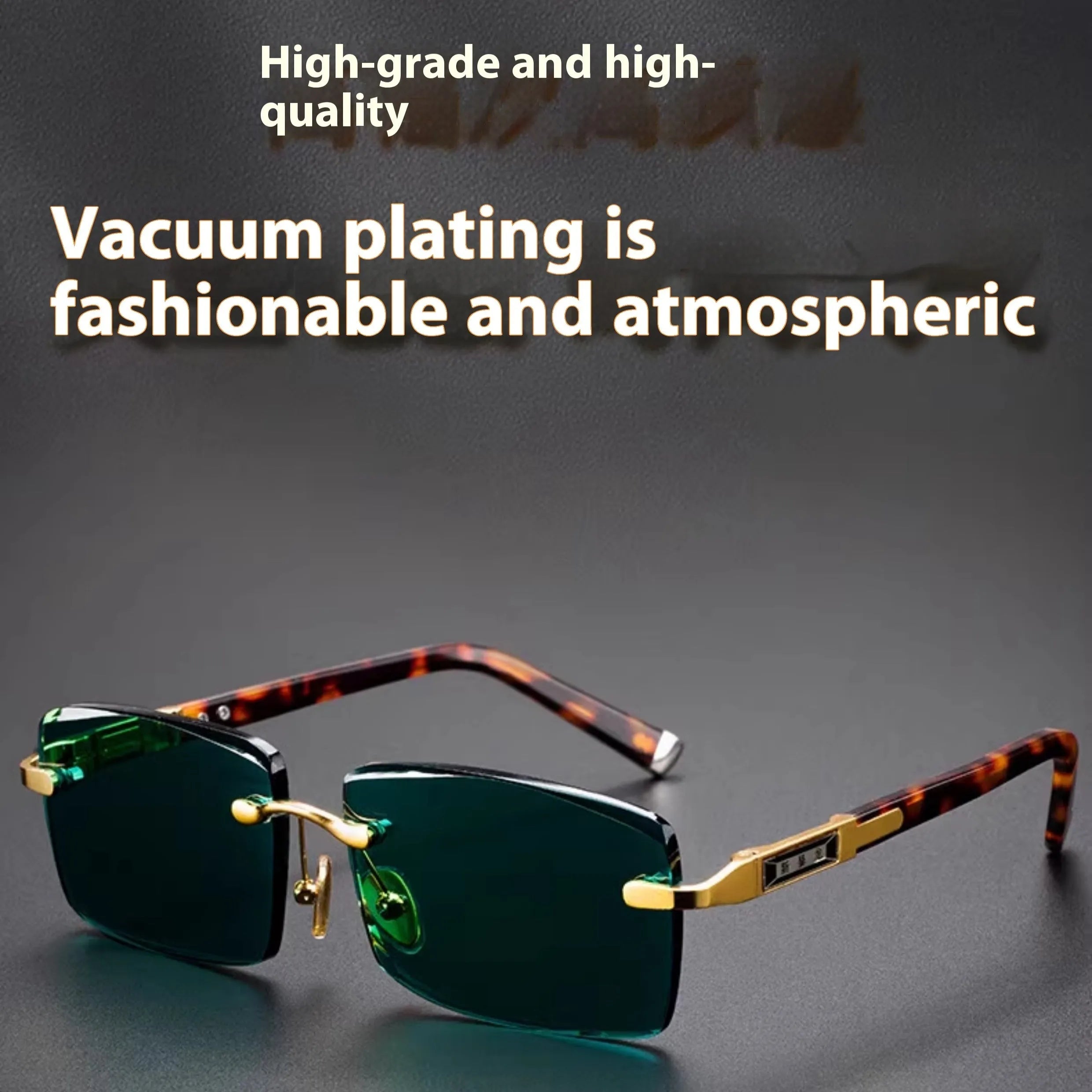A pair of frameless sunglasses with dark green crystal lenses, shown with a soft case and cleaning cloth.