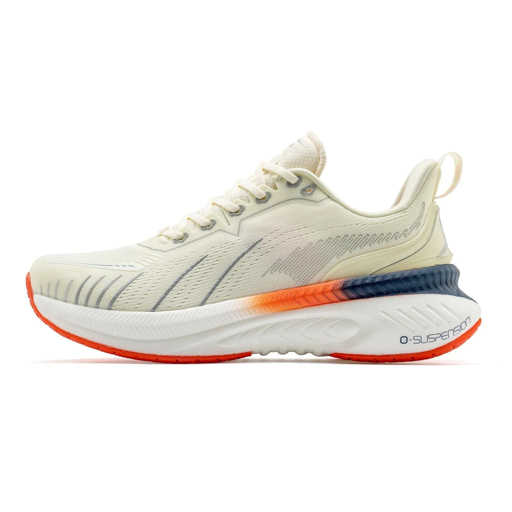 Red Rabbit colour low-top running shoes with stripe pattern, PU mesh upper, and rubber sole.