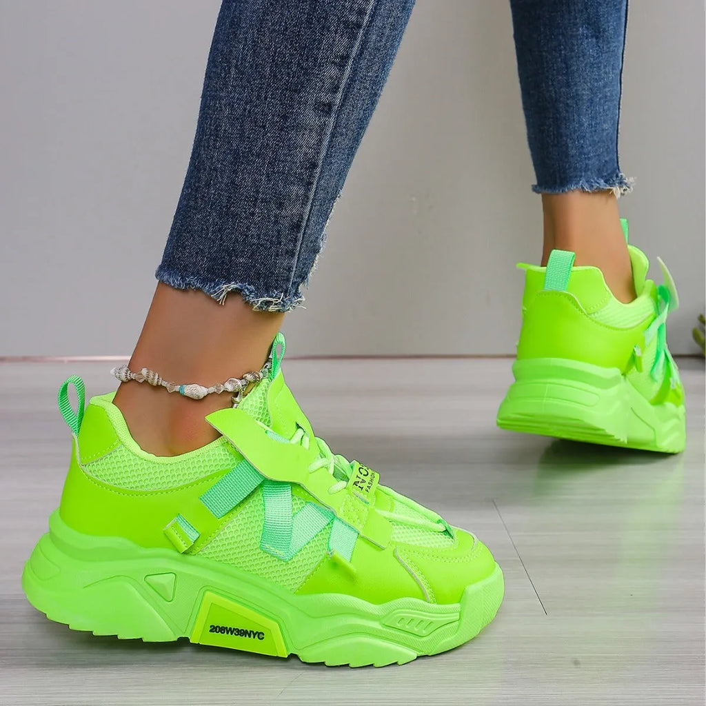 Women's platform mesh dad shoes in multiple colours with animal pattern design and front lace-up fastening