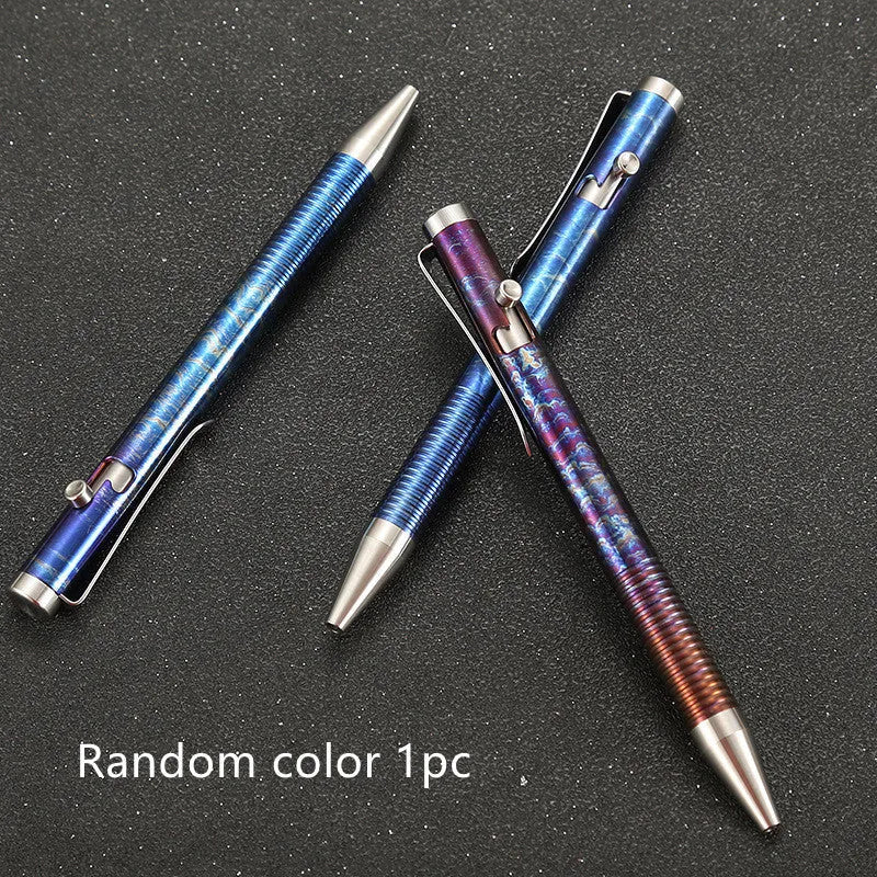 Titanium alloy bolt handle ballpoint pen with magic colour finish showing random phantom colour distribution