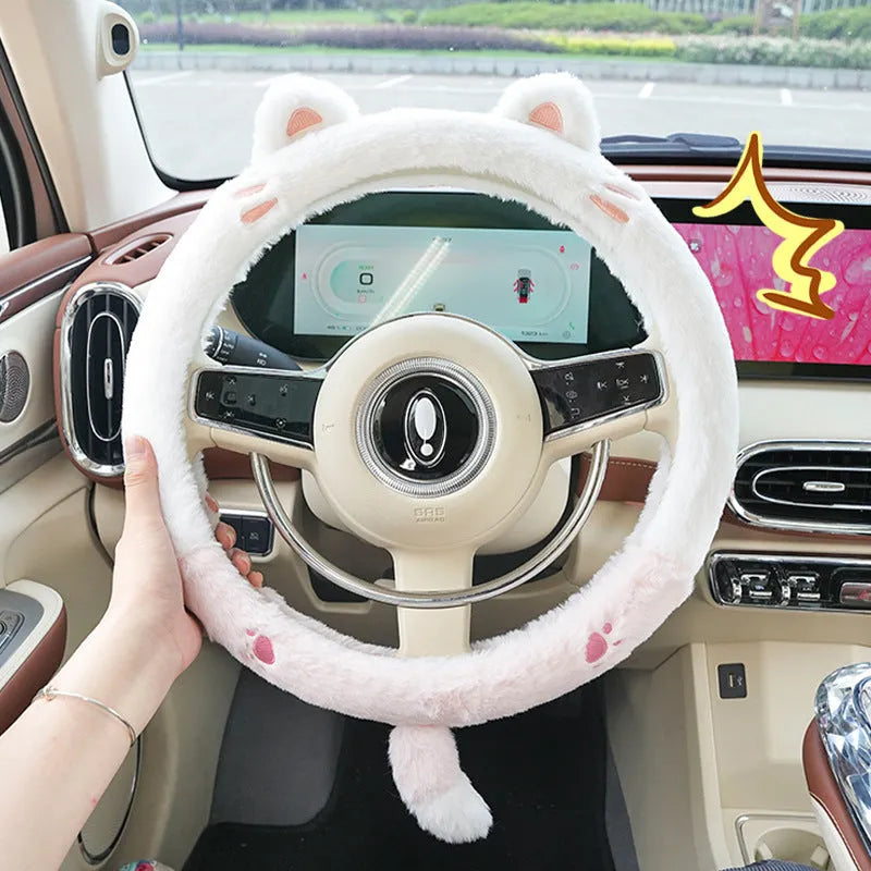 Plush cartoon thermal steering wheel cover for 38cm diameter wheels with embroidered animal design