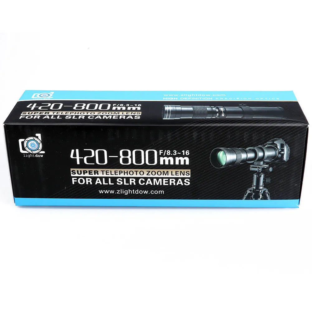 420-800mm telephoto zoom adapter lens for cameras with manual focus and T-port connection, showing retracted and extended positions