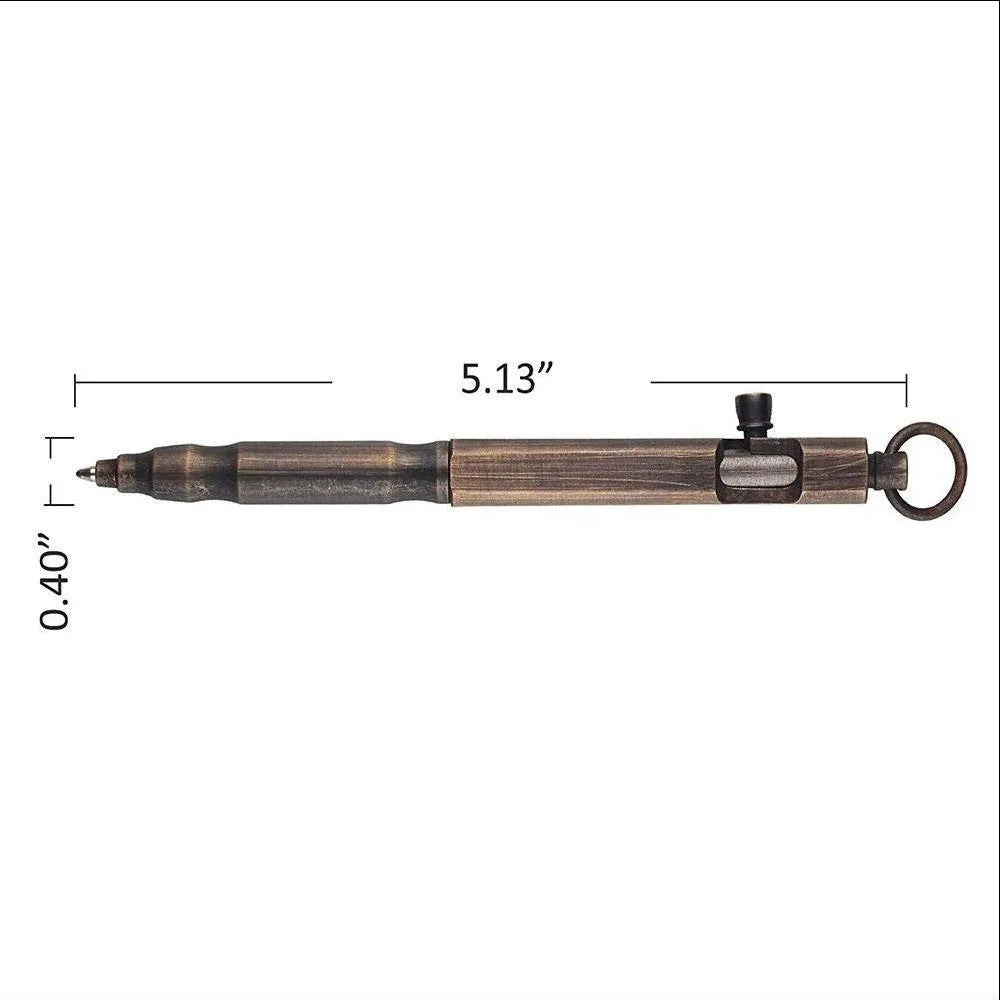 Brass tactical pen with hexagonal bolt design showing natural colour finish and precise machining details