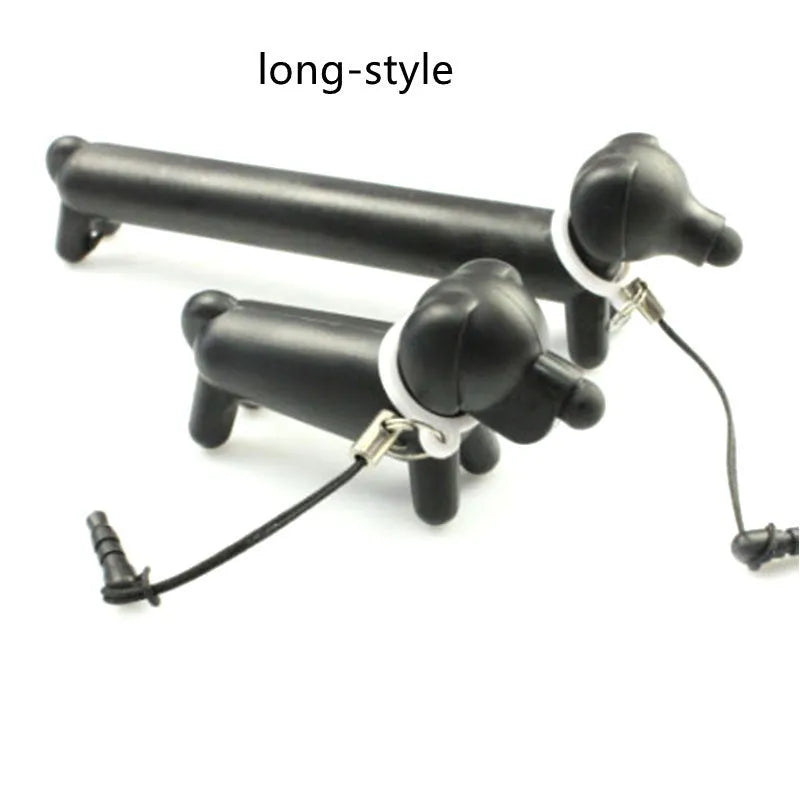 Black dog-shaped touch screen stylus showing split design for dual-length use and phone stand functionality