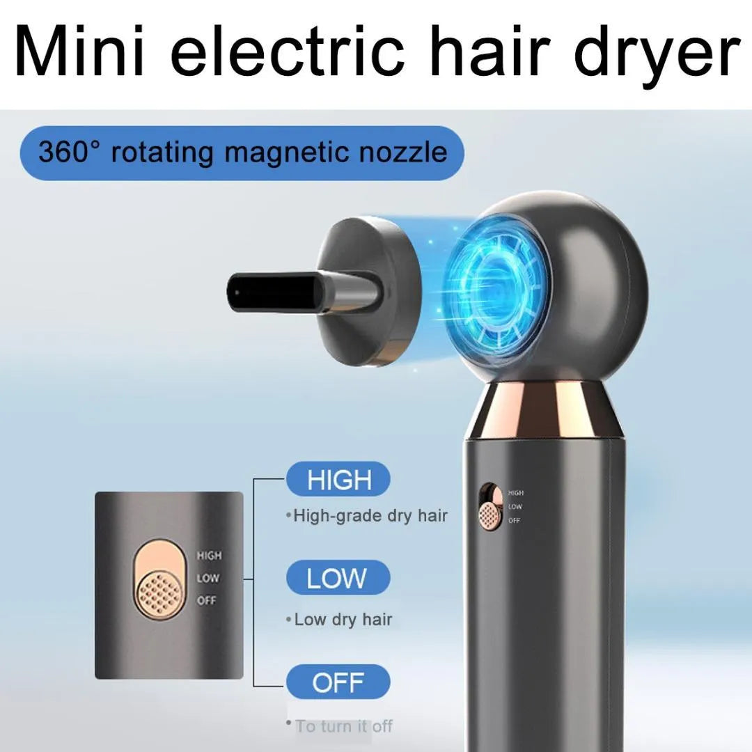 Compact leafless hair dryer with diffuser accessory, measuring 20cm long.