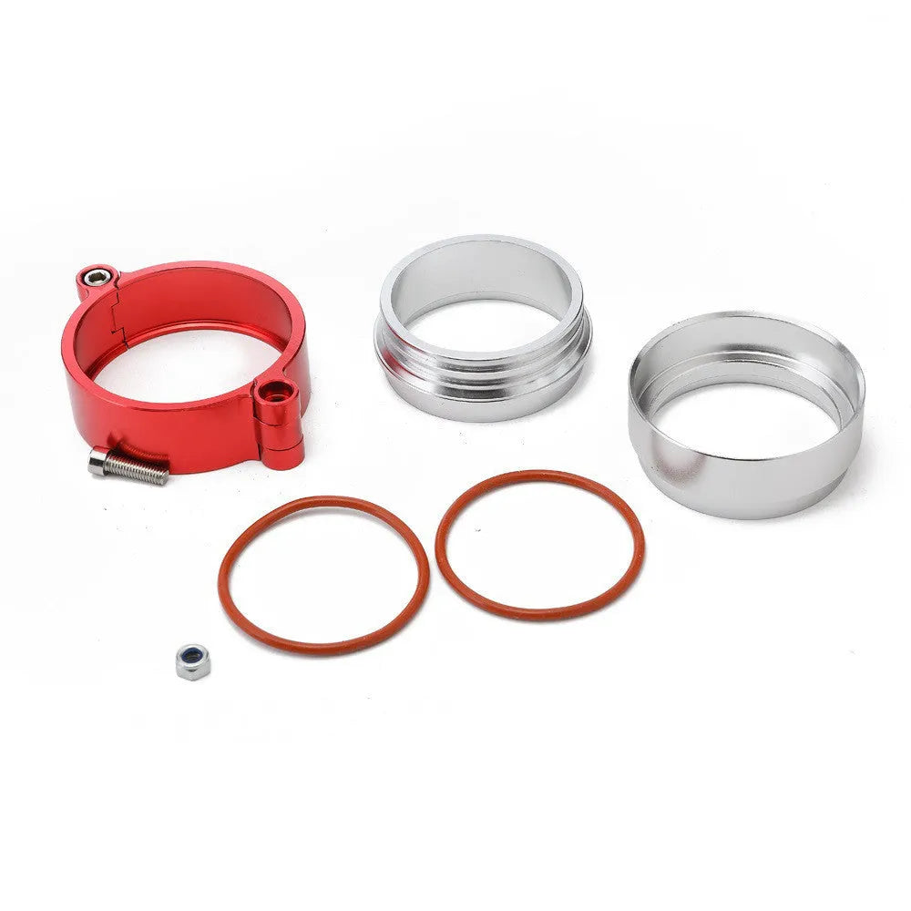 Aluminium fixed movement clamp for car turbine exhaust downspout in black, blue, or red.