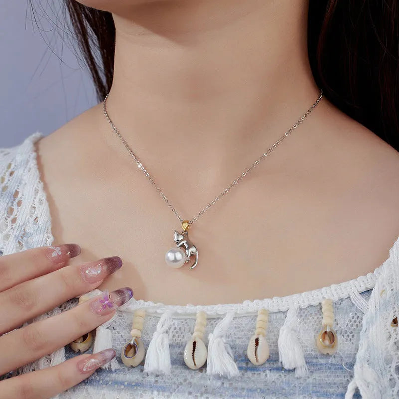 925 sterling silver clavicle chain necklace with cat charm pendant, fashion OL style jewellery