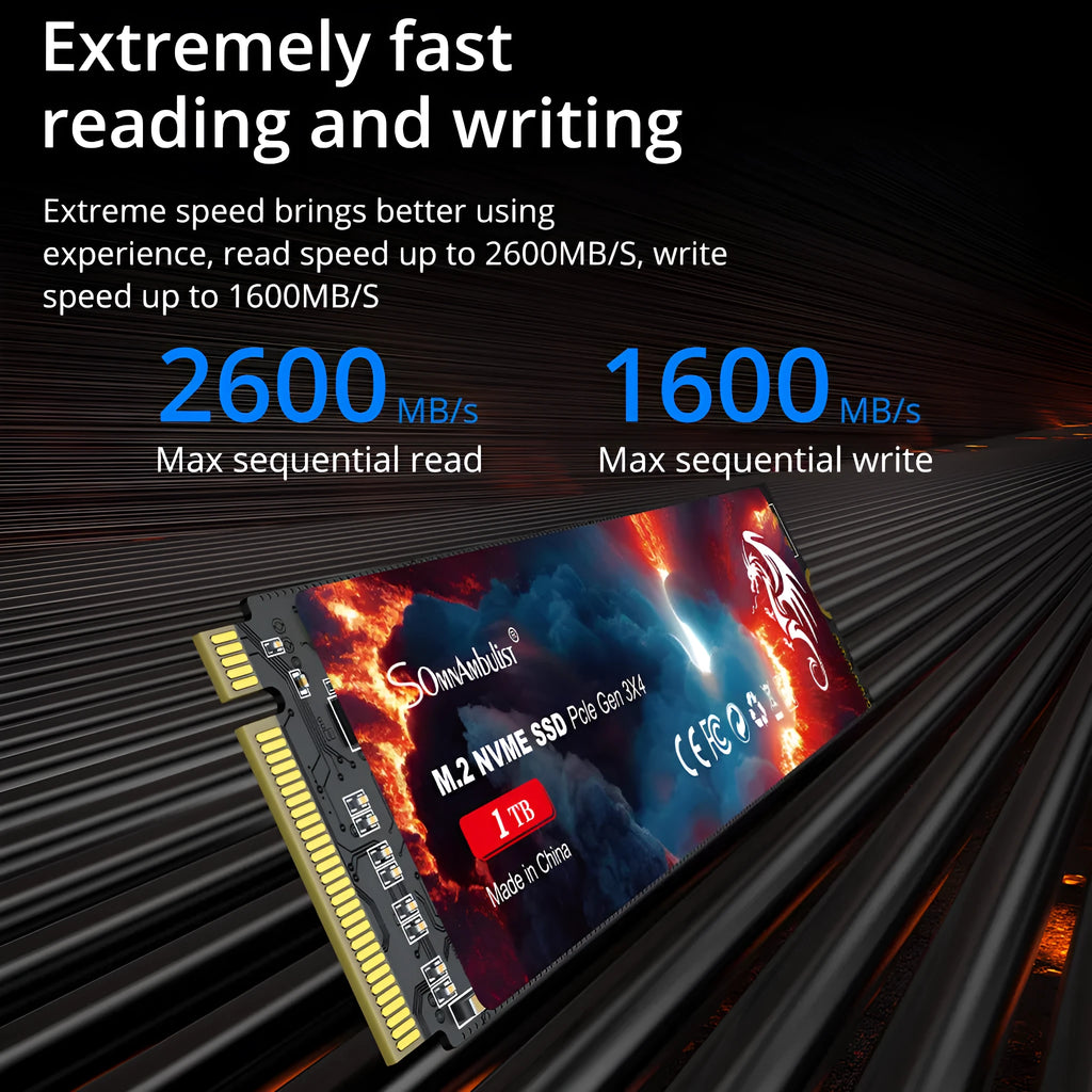 M2 solid state drive for desktop computers with USB 3.0 interface showing compact 80mm by 22mm dimensions